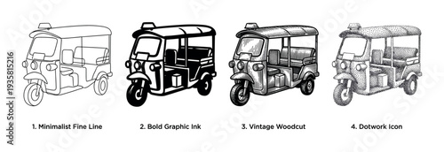 Four auto rickshaw illustrations in different styles showing minimalist line, bold graphic ink, vintage woodcut, and dotwork icon techniques for a design comparison