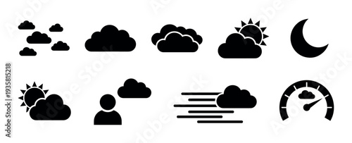 Set of black weather and cloud computing icons including sun, moon, wind, and a speedometer for user interface design and mobile application development