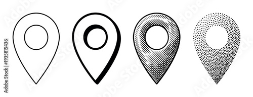 Four black map pin location markers presented in a collection of different artistic styles, from simple line art and solid shapes to engraved hatching and stippling