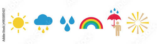 Colorful weather condition icons in a row including a sun, rainy cloud, raindrops, rainbow, and a person with an umbrella, depicted in a minimalist graphic illustration style