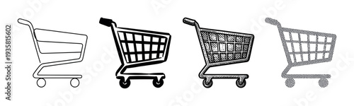 Set of four shopping cart icons in different artistic styles, including simple line art, bold silhouette, detailed engraving, and a modern dotted pattern