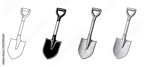 Set of four digging shovel illustrations rendered in diverse graphic styles including outline, silhouette, vintage engraving, and retro halftone dot pattern