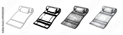 Set of four tourist sleeping mat illustrations with pillows, hand-drawn in diverse artistic styles like continuous line, graphic, engraving, and stippling