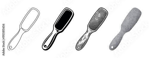 Four pedicure foot file tool illustrations in different artistic styles including line art, silhouette, engraving, and stippling for beauty and skincare concepts