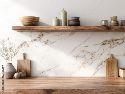 Minimalist kitchen shelf with wooden planks. Marble wall behind adds elegance and texture. Natural wood countertop grounds the scene. Handmade pottery and kitchenware create warmth