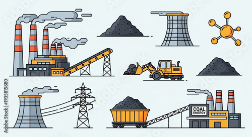 Coal power plant and mining industry equipment illustration.