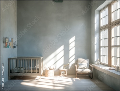 Sunlight streams through tall windows into minimalist nursery. Crib stands beside soft, sunlit corner with armchair. Natural light dances across concrete walls and floor. Window sill holds small items