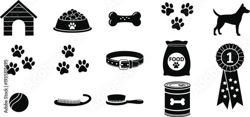 Collection of dog care silhouette icons including pet house, food bowl, bone, paw prints, dog, collar, food bag, ribbon, ball and brushes