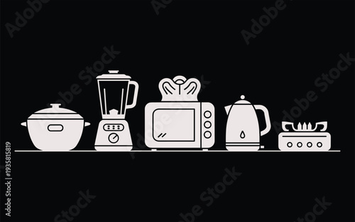 Kitchen Appliance Icons: Pot Blender Microwave Kettle Stove TopVector Art