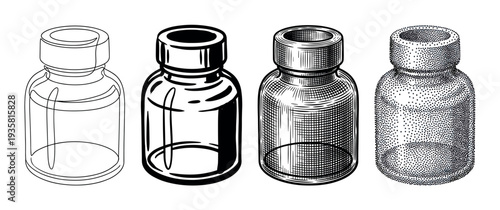Set of four medical glass vials presented in various black and white illustration techniques like continuous line, bold graphic, vintage etching, and modern pointillism