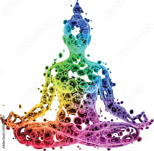 Colorful meditation human silhouette made of abstract bubbles, yoga lotus pose chakra energy concept, spiritual wellness vector illustration isolated