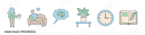 Set of mental health and therapy icons featuring a psychologist, patient, brain, and journal in a simple, hand-drawn, minimalist line art style for counseling concepts