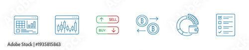 Set of financial technology line icons representing cryptocurrency trading, stock market analysis, investment strategy, and digital wallet management
