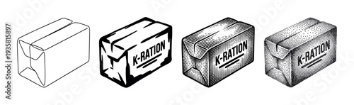 Four military K-ration box illustrations in different artistic styles from line art to stippling, showing a progression of detail and texture in a vintage, hand-drawn set