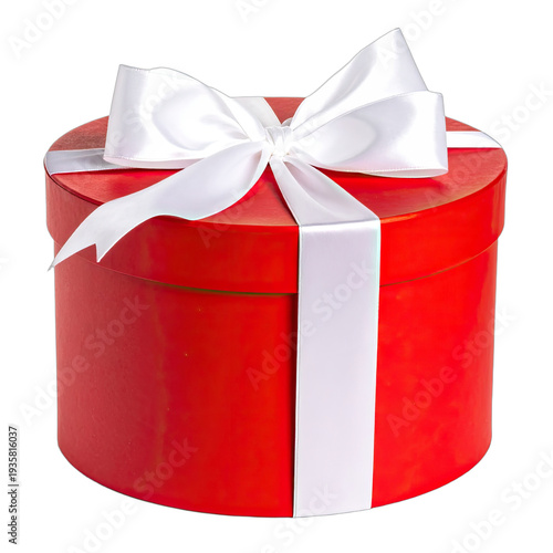 A vibrant red round gift box adorned with a large white satin bow against a stark black background.