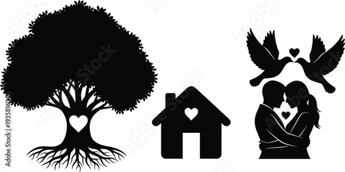 Collection of romantic silhouette icons including a couple hugging, love birds, home with heart, and a large oak tree with heart roots