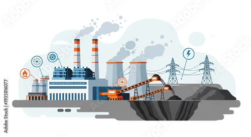 Coal power plant generating electricity with smoke stacks and cooling towers.