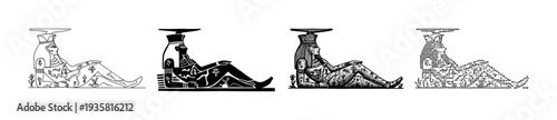 Set of four Egyptian god illustrations in different graphic styles including line art, silhouette, engraving, and halftone, depicting a reclining male deity from ancient mythology