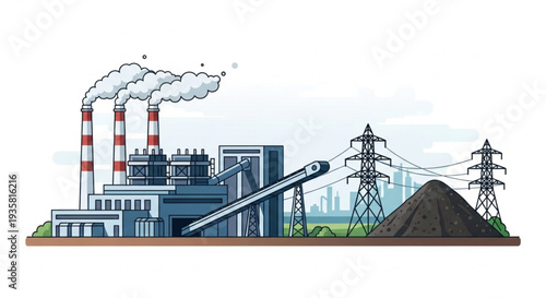 Coal Power Plant Illustration with Conveyor Belt and Smoke Stacks.