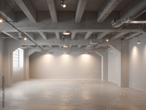 Empty room with exposed concrete beams and industrial lighting. White walls and polished concrete floor reflect soft ambient glow. Modern ceiling fixtures cast warm light across open space