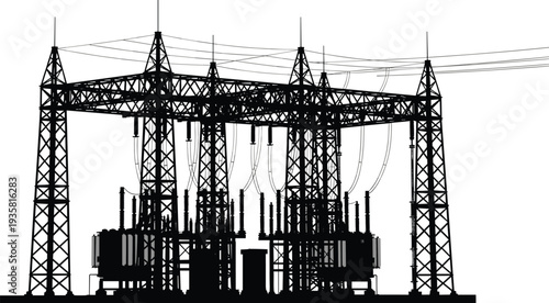 Black silhouette of high voltage power substation, electrical grid infrastructure with transformers and steel pylons, energy industry vector technical illustration