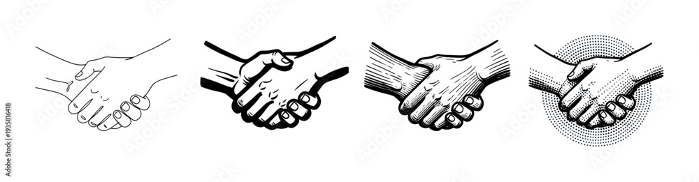 Obraz premium Four black and white handshake illustrations showing a progression of artistic styles from simple line art to detailed engraving with hatching and stippling for a vintage feel