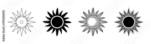 Collection of four black and white sun symbols featuring diverse graphic styles such as minimalist line art, brushstroke silhouette, vintage engraving, and esoteric stippling