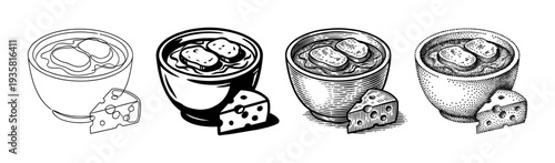 Onion soup with melted cheese and croutons illustrated in four distinct monochrome styles including line art, solid graphic, vintage engraving, and modern stippling