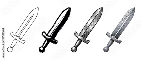 Set of four ancient short sword illustrations in different artistic styles, including a simple outline, ink brush, detailed engraving, and a stippling or pointillism technique