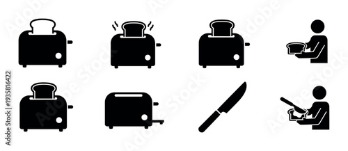Set of black minimalist icons showing the process of making toast with a toaster, bread, and a knife for spreading, presented as a simple instructional graphic