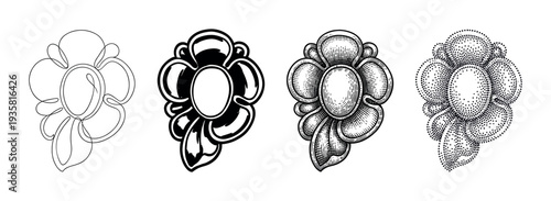 Set of four stylized flower illustrations showing different artistic techniques like continuous line art, graphic silhouette, vintage engraving, and modern stippling dotwork