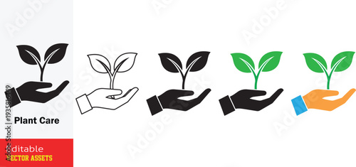 Plant Care Icons: Hand Holding Sprout in Color Outline Silhouette. A premium set of five diverse hand holding seedling icons, each depicting a gentle hand cradling a small green sprout with two leaves