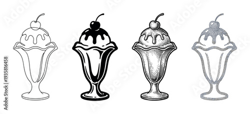 Four ice cream sundae illustrations in different graphic styles including line art, silhouette, vintage engraving, and dotted stippling, each with a cherry on top in a classic glass