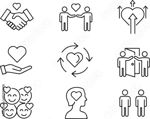 Heartfelt connections and love relationships vector illustration set, flat design icons