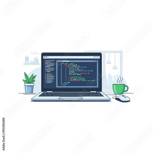 Programming Code on Laptop: Software Developer Workspace Illustration
