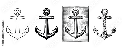 Set of four black anchor icons showing different artistic styles including line art, bold graphic, vintage engraving, and modern stippling for nautical themed designs