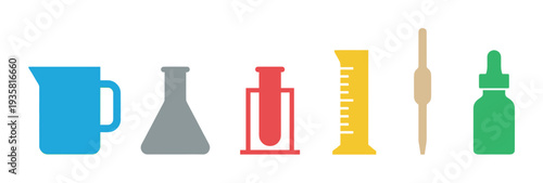 Colorful set of laboratory equipment icons including a beaker, flask, test tube, cylinder, pipette, and dropper bottle in a simple, flat graphic design for science concepts