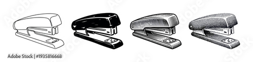 Four black and white stapler illustrations showing different artistic styles including line art, silhouette, hatching, and stippling for a graphic design or office supply concept