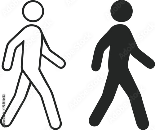 Stick figure walking black and white vector illustration, flat design