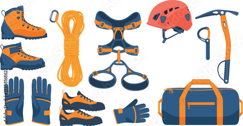Essential mountaineering and climbing gear collection including boots, rope, harness, helmet, ice axe, gloves, and duffel bag, perfect for outdoor adventure, hiking, and safety equipment illustration.