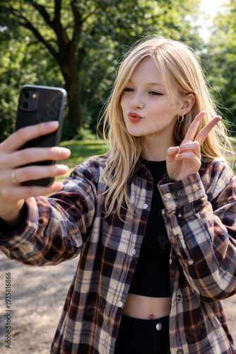 Teenage girl taking selfie with smartphone in park