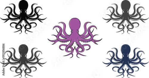 Colorful octopus silhouette vector collection with purple blue black grey variations isolated on white background marine sea creature mascot logo