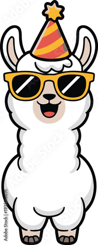 Cute llama wearing sunglasses and party hat standing happy, funny cartoon alpaca animal mascot birthday celebration vector illustration isolated background