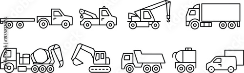 Construction vehicles outline icon set including crane truck excavator cement mixer dump truck tanker and delivery van vector line illustration