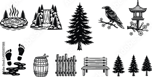 Set of nature themed black silhouettes featuring a waterfall pine trees bird on a branch and park bench for designs