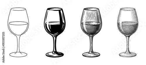 Four wine glasses illustrated in different artistic styles, including simple line art, bold silhouette, vintage engraving, and detailed stippling, creating a diverse graphic set