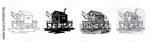 Four black and white fishing hut illustrations on stilts, a collection showing different graphic styles including line art, solid silhouette, detailed woodcut, and stippling