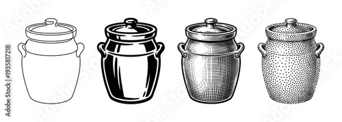 Four ceramic fermentation crocks with lids are illustrated in a set showing different artistic styles like line art, engraving, stippling, and bold black and white vector art