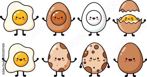 Playful cartoon eggs with smiling faces, arms, and legs in various styles including fried, cracked, speckled, and cookie designs, perfect for food-themed artwork.