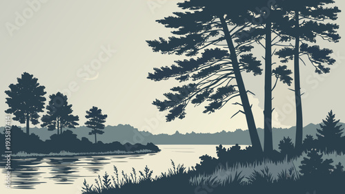 Minimalist Blue Forest Lake Landscape at Dusk with Pine Trees and Crescent Moon